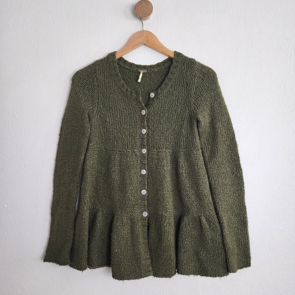 Free People Olive Green Crochet Knit Wool Blend Peplum Button Cardigan XS